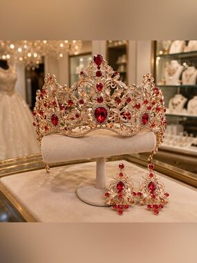 Gold Tiara with Red Gemstones - Regal Crown Set